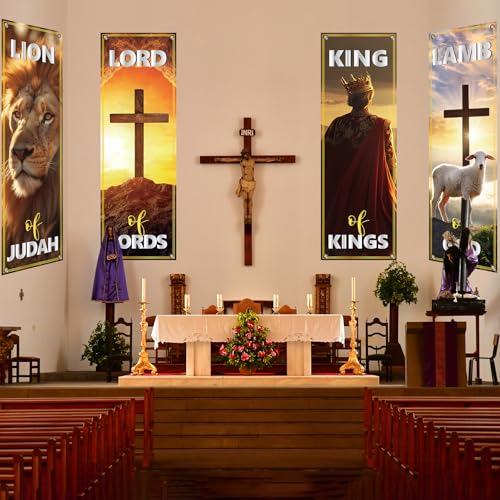 4Pcs Church Banners for Sanctuary Wall Worship Christian Banners Hanging Backdrop Scripture Inspirational Religious Praise Signs Bible Verses Banner Scripture Hanging Signs for Church School Decor - style: Inspirational Religious Praise