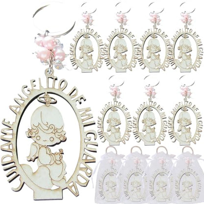 12 PCS Angel Keychain Baptism Favor Pink Beads Wood Design Bags