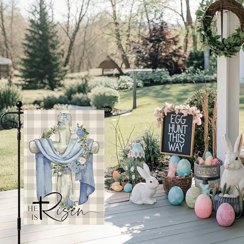 Artscope He Is Risen Easter Garden Flag 12x18 Inch Double Sided for Outside, Christian Cross Wreath Sign Garden Flag for Holiday Yard Outdoor Decoration