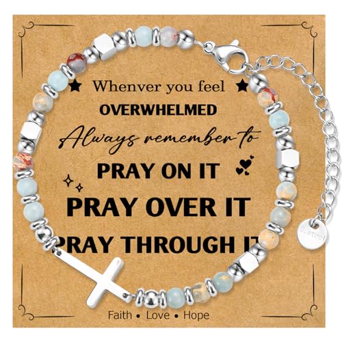 Christian Cross Bracelet for Women Girls, Adjustable Stainless Steel Beaded Cross Bracelets, First Communion Confirmation Easter Religious Bapstim Natural Gemstone Jesus Bracelet Gifts for Her - style: Pray On It