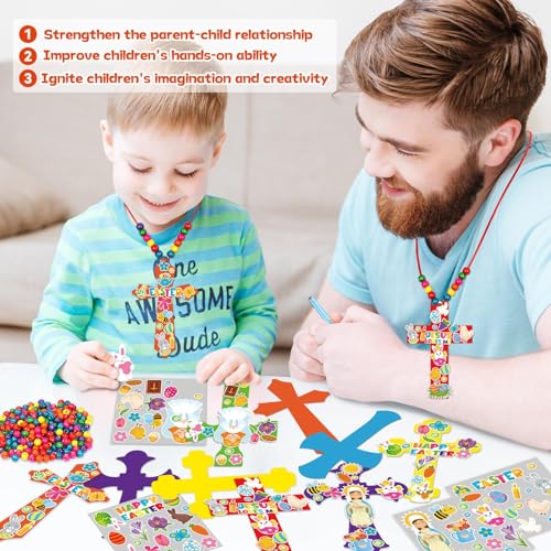 Qyeahkj 30 Set Vbs Christian Cross Necklace Craft Sunday School Cross Craft Kit for Kids DIY Religious Bible Vbs Sticker Ornament Arts Bulk Activities Decor for Church Classroom Party Supplies