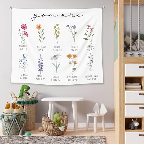 EGBTL Floral Christian Tapestry, Christian Wall Tapestry for Girls Room, Religious Inspirational You Are Bible Verses Tapestries Wall Hanging Decor for Home Church Prayer Room, 50x60 Inches