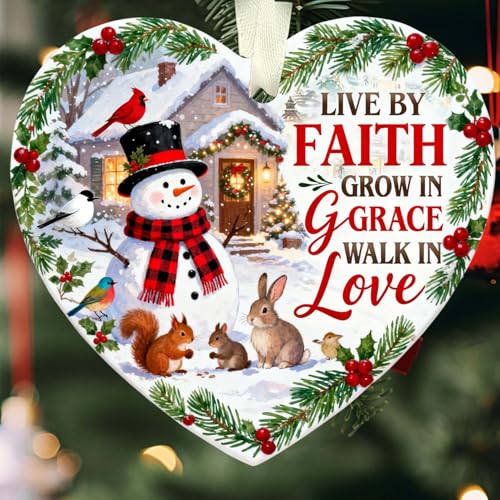 Christmas Ornaments 2026, Inspirational Snowman Ceramic Ornament - Live by Faith, Grow in Grace, Walk in Love, Keepsake for Faithful Celebrations, for Family, Friends - color: Snowman-heart