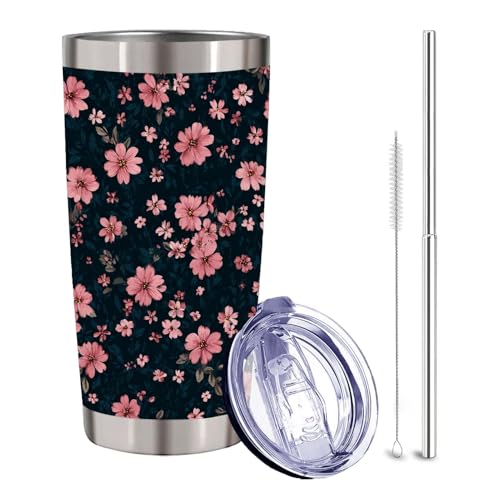 Pink Floral Tumbler 20 oz, Insulated Stainless Steel Cup with Lid and Straw, Dark Navy Flower Travel Coffee Mug, Gifts for Women, Floral Lovers - color: Boho Flower