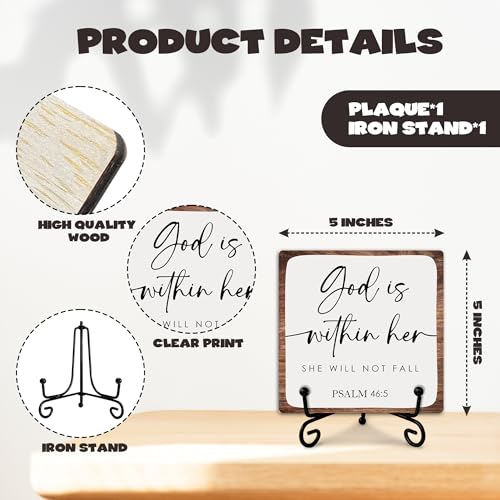 God Is Within Her She Will Not Fall Wooden Sign Decor, Psalm 46:5 Scripture Plaque, Rustic Wooden Plaque Sign With Iron Stand, Christian Home Office Restroom Desk Shelf Decorations - style: Christian
