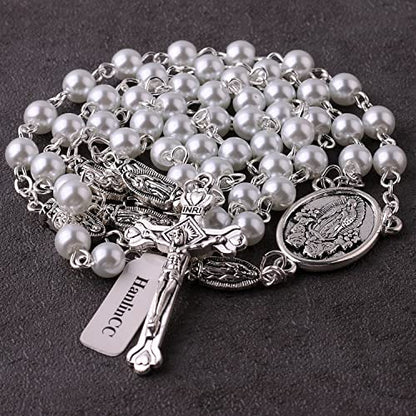 HanlinCC Guadalupe Catholic Rosary Glass Pearl Beads Necklace with Gift Box - color: Guadalupe Rosary White