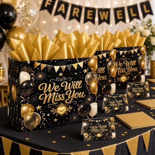 Farewell Gift Bag with Tissue Paper and Card, Black Gold Large Bag