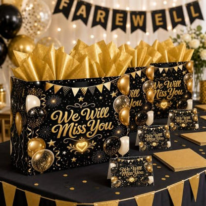 Farewell Gift Bag with Tissue Paper and Card, Black Gold Large Bag