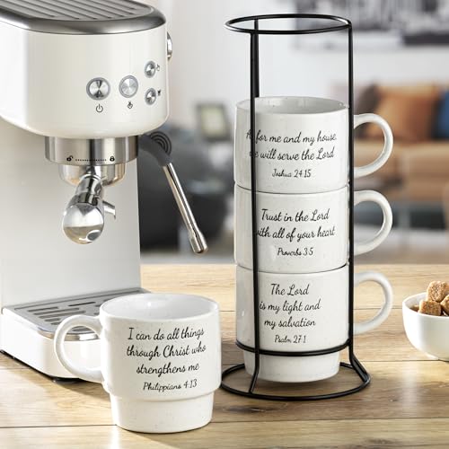 Signature Housewares Stackable Coffee Mug Tower Set with Metal Wire Rack - 15 Ounce Coffee Mugs for Coffee, Tea, Cocoa, Milk, Cappuccino, Hot Chocolate Set of 4 - Inspirational Bible Verses - color: Inspirational Bible Verses, size: 15oz