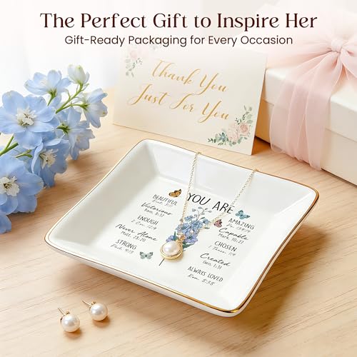 PUDDING CABIN Birthday Gifts for Women, Larkspur Scripture Jewelry Dish, Christian Gifts - style: Larkspur: Positivity, Dignity, Open Heart(July Birth Flower)