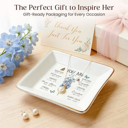 PUDDING CABIN Birthday Gifts for Women, Larkspur Scripture Jewelry Dish, Christian Gifts - style: Larkspur: Positivity, Dignity, Open Heart(July Birth Flower)