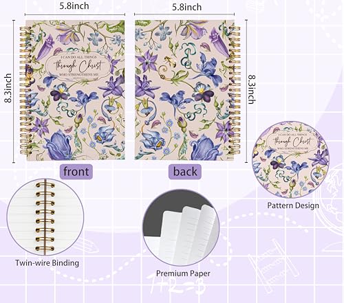 Welshower Blue Purple Floral Botanical Christian Spiral Notebook Journal, I Can Do All Things Through Christ Bible Verse Notebook, Religious Prayer Journals for Woman, 5.5x8.3 Inch - color: Prayer Blank Book 07