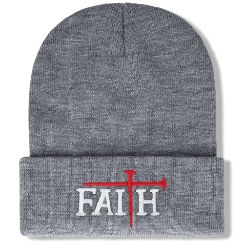 Christian Jesus Cross Beanie - Faith Winter Beanie Hats for Men Women - Religious Gifts for Christmas & New Years - color: Faith-red Cross/Grey
