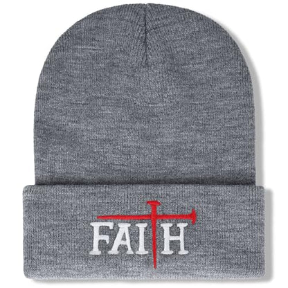 Christian Jesus Cross Beanie - Faith Winter Beanie Hats for Men Women - Religious Gifts for Christmas & New Years - color: Faith-red Cross/Grey