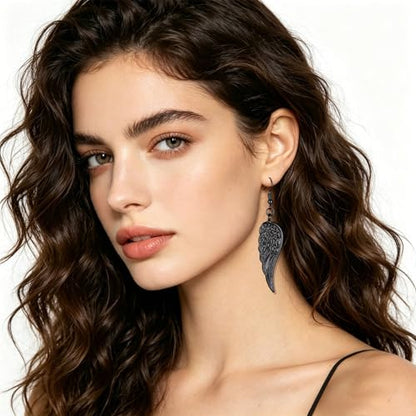 coadipress Angel Wing Earrings for Women Unique Silver Plated Fairy Feather Guardian Dangle Drop Hook Earrings Jewelry - color: Black Light Wing