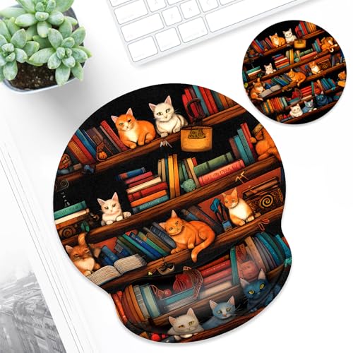 ITNRSIIET Ergonomic Mouse Pad with Wrist Support Wrist Rest Smooth Surface Non-Slip Rubber Base Comfortable Office Supplies Pain Relief, 9.8 x 9.1 inches, Cat on the Desk - color: Cat on the Desk