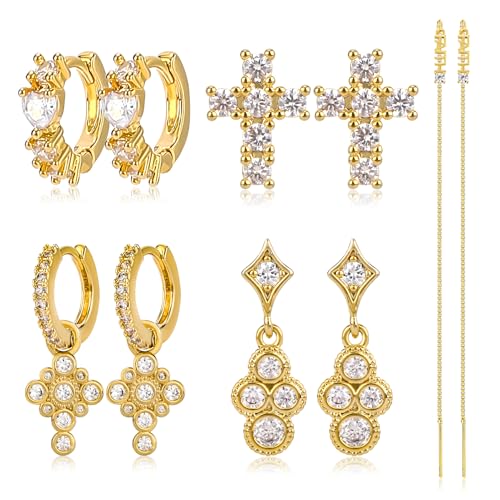 Gold Earrings Set for Women 14K Gold Plated Cubic Zirconia Love Heart Bowknot Clover Fruit Flower Insect Ocean Cross Huggie Hoop Earrings Stud Earrings Set for Multiple Piercing Party Jewelry Gifts - style: Cross