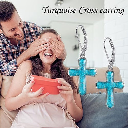 Cross Earrings 925 Sterling Silver Dangle Earring Gifts for Women - style: Turquoise Cross