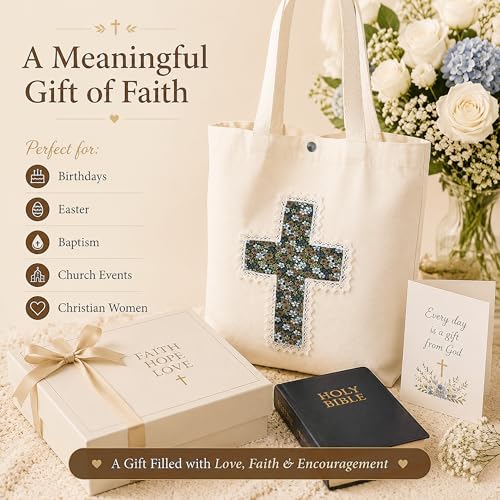 Christian Tote Bag Gift for Women, Canvas Bible Bag Handmade Floral Cross - color: Cream-brown Daisies