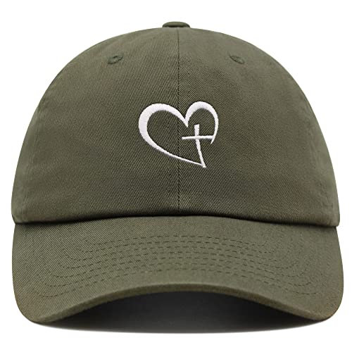 JPAK Heart and Cross Premium Dad Hat Embroidered Cotton Baseball Cap Christian Faith - color: Olive Green