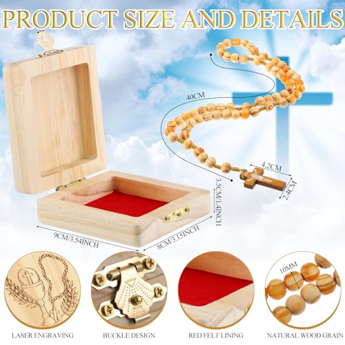 CroBlissful 2 Pcs First Communion Gifts Sets Wood Rosary Box and Wooden Rosary Beads Catholic Necklace First Communion Keepsake Box Baptism Gifts Rosarios Catolicos Jewelry Holder for Men Women Prayer