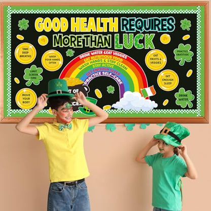 St. Patrick's Day Health Bulletin Board Lucky Shamrock Bulletin Board Decorations Rainbow Gold Coin Paper Cutouts for St. Patrick Party Supplies Home Classroom Chalkboard Wall Door Window Decoration - style: St. Patrick's Day Health