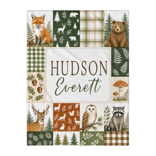 Personalized Woodland Baby Blanket, Custom Forest Animal Baby Blanket - color: Green #11