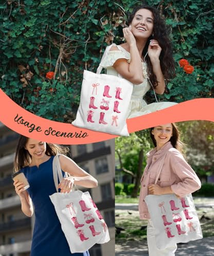 Coquette Bow Bible Canvas Tote Bag for Women Teens Teen Girls, Pink Bow Girls Tote Bag, Coquette Gifts - color: Cowgirl Boots