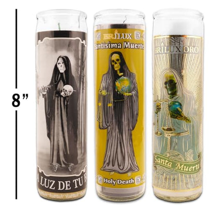Santa Muerte Dia del Los Muertos 8" Black & White Religious Candle Bundle