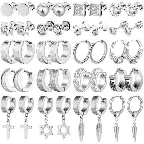 20 Pairs Stainless Steel Stud Earrings for Men Hypoallergenic Earring Unisex Punk Earring Hoop Hinged Dangle Cross Earrings for Men Women - color: Silver