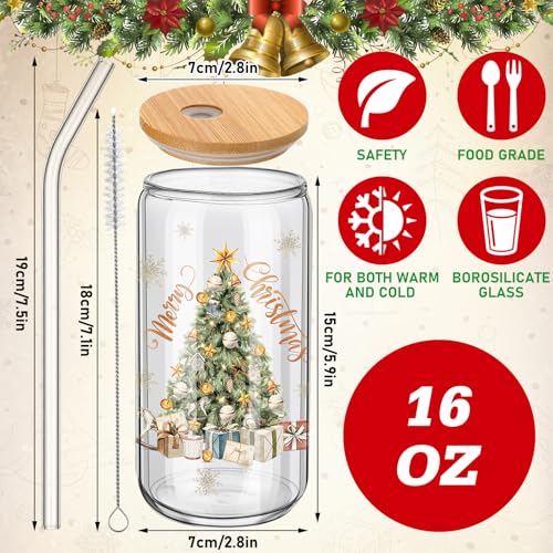Teenyyou 12 Set of Christmas Glasses with Bamboo Lid and Glass Straw 16 oz Christmas Drinking Cup Beer Iced Coffee Cup Xmas Tumbler Mugs for Women Men Holiday Party Office Gifts - style: Christmas