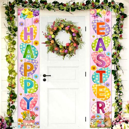 Happy Easter Porch Banner with Bunny Egg tulip Party Front Door Sign Spring easter backdrops Wall Hanging Spring Decorations for Home Office Farmhouse Holiday Decor - color: colours-1