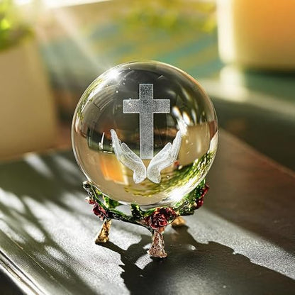 3D Cross Crystal Ball Religious Gift with Stand Christian Decor 2.3in - style: Praying Hands and Cross