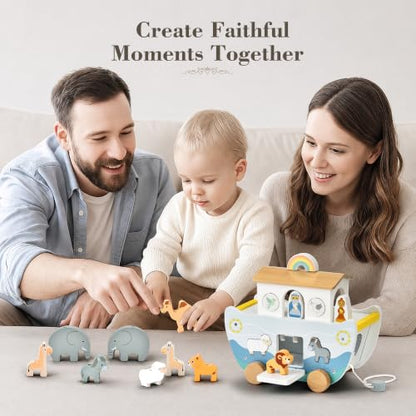 Wooden Noah’s Ark Toy with Book, Baptism Gifts for Boys and Girls
