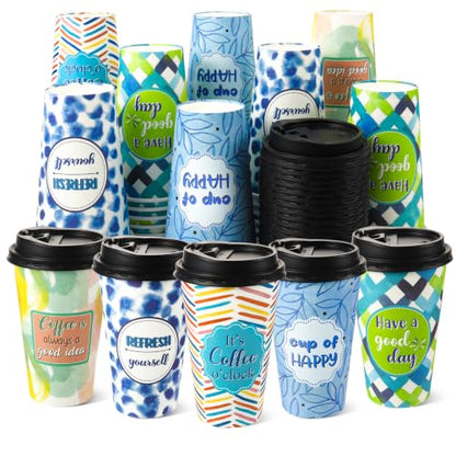50 Pack 16 oz Disposable Coffee Cups with Lids Blue Colorful - style: Blue and Colorful Inspirational Quotes