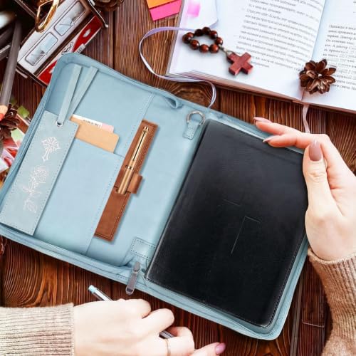Bible Cover for Women - Leather Study Case with Bookmark, Supplies Carrying Bag Tote with Strap, Personalized Book Organizer for Journaling (Blue)