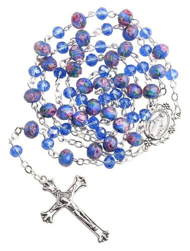 Murano Glass Rose Beads Catholic Virgin Mary Rosary Necklace Women - color: Blue