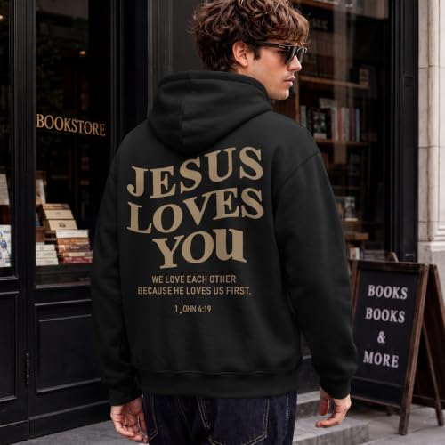 Wrenpies Christian Jesus Love You Hoodie for Men Jesus Is King Faith Religious Bible Verse Hoodies Graphic Fleece Sweatshirt - color: Black, size: Medium