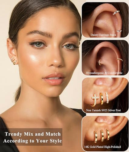 3Pairs Gold Cross Earrings for Women Hoops Huggie Earrings Stack Set - color: Gold-5