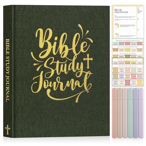Lanpn Bible Study Guide Journals for Women with Tabs & Highlighters, Church Notes Taking Daily Devotional Journaling, Linen Bible Prayer Notebook Christian Religious Faith Based Gifts, Green - color: Green