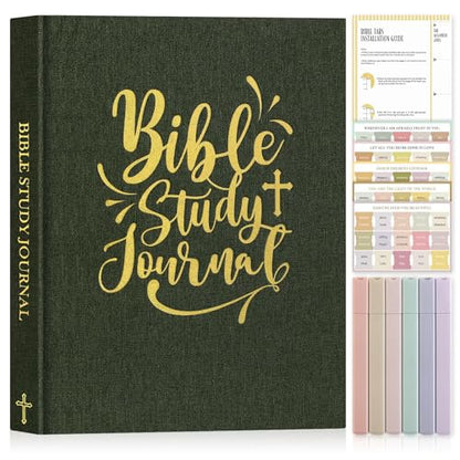 Lanpn Bible Study Guide Journals for Women with Tabs & Highlighters, Church Notes Taking Daily Devotional Journaling, Linen Bible Prayer Notebook Christian Religious Faith Based Gifts, Green - color: Green