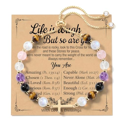 Christian Gifts for Women Cross Bracelet Natural Gemstone Crystal Bracelet Gold Cross Charm Adjustable Birthday Gifts for Women with Message Card - color: Life is tough.But so are you