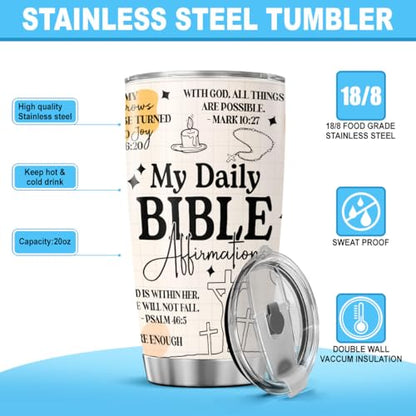 Bible Verse Tumbler with Daily Affirmations for Women, 20oz Stainless Steel Insulated Cup for Christian Faith, Religious Gift for Prayer, Inspirational Scripture Travel Mug - color: Bible Affirmation