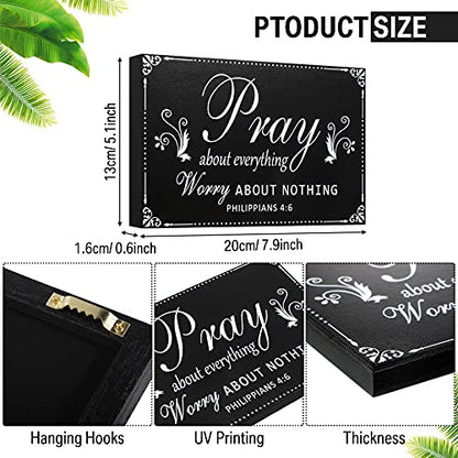 Yulejo Pray About Everything Worry About Nothing Sign Religious Scripture Inspirational Word Plaque Black Bible Verses Plaque Wall Decor Wooden Table Centerpieces Christmas Decorations, 7.9 x 5.1 Inch