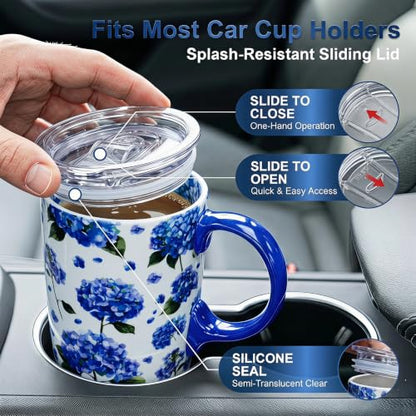 Topadorn 17oz Ceramic Travel Mugs Set of 2 with Lids, Butterfly Floral Set - color: Butterfly & Hydrangea