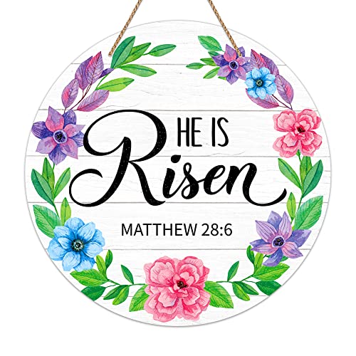 FLYAB He is Risen Decor Sign Wreath for Front Door 11.5" Religious Easter Door Decorations Farmhouse He is Risen Christian Easter Hanger Sign for Home Front Door Wall Spring Decorations
