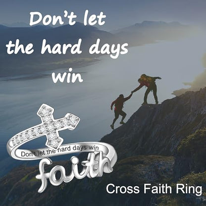 Helonley Cross Faith Ring for Women - 925 Sterling Silver Inspiration Rings - style: Don't Let The Hard Days Win