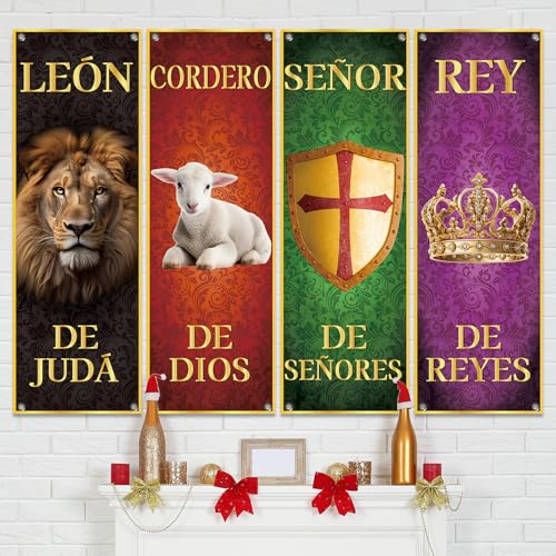 4Pcs Spanish Church Banners for Sanctuary Wall Worship Religious Banners Hanging Backdrop Christian Porch Signs Bible Verses Banner Scripture Hanging Signs for Church School Decor - style: Spanish Bible Verses