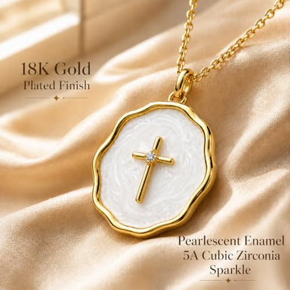 Enamel Cross Necklace for Women 18K Gold Plated Christian Pendant - color: White-Gold