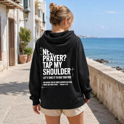 Christian Sweatshirts For Women Need Prayer Tap My Shoulder Hoodie Sweater - color: Black-1, size: Medium